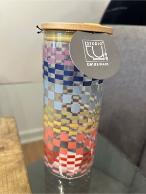Studio Checkered Multicolor Glass Tumbler with Bamboo Lid